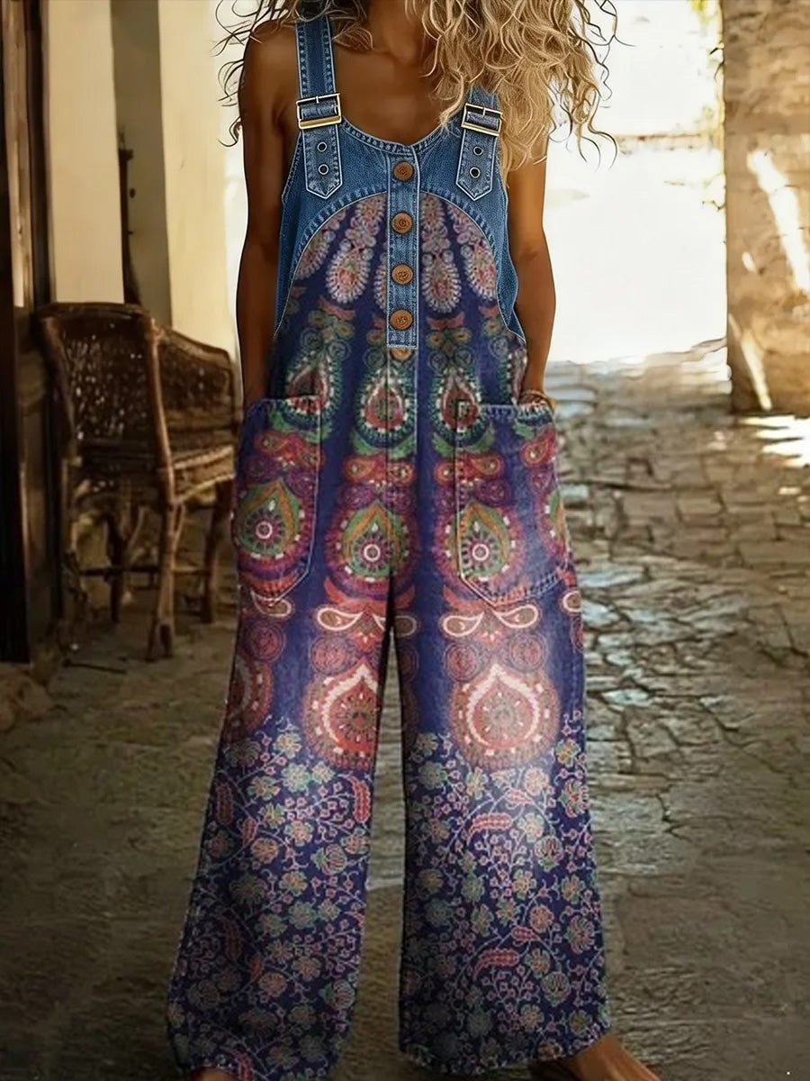 Women's Retro Floral Color-Blocked Art Print Washed Cotton Denim Patchwork Jumpsuit